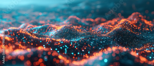 Blue and orange glowing particles form into a futuristic landscape.