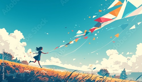 A girl running in a field with her colorful kite
