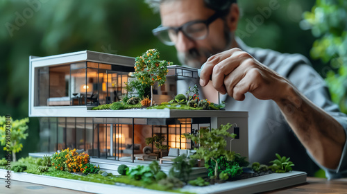An architect is carefully putting the finishing touches on a scale model of a modern house.