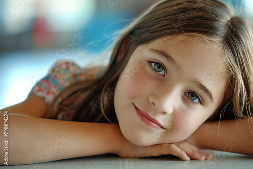 Beautiful close-up portrait of a serene and innocent young girl with freckles. Smiling and looking at the camera with a peaceful and happy expression. Showcasing the pure and carefree joy of childhood