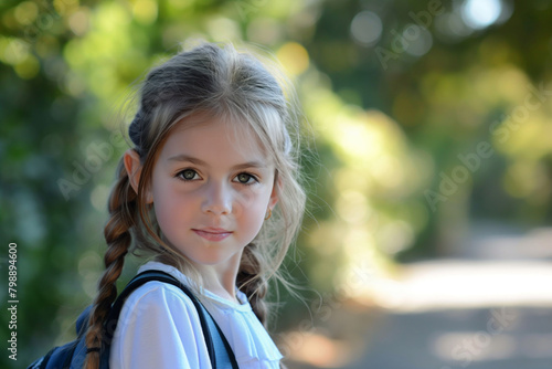 Portrait of a young girl with braided hair, softly smiling outdoors. The natural light highlights her gentle features against a blurred green background, evoking a sense of serenity and innocence © Enigma
