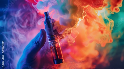 A close-up of a hand holding a colorful vape device emitting swirling clouds of flavored vapor.
