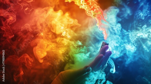 A close-up of a hand holding a colorful vape device emitting swirling clouds of flavored vapor. © Plaifah