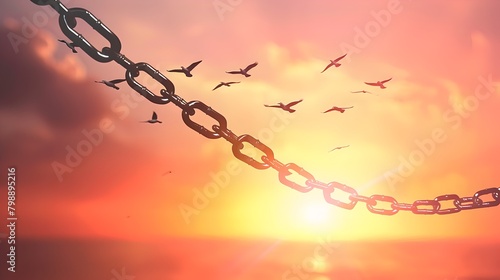 Unbroken chain silhouetted against a vibrant sunset, birds flying in the background. Conceptualizing freedom and strength. Ideal for motivational themes. AI photo