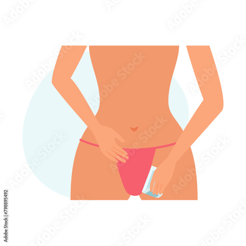 Girl epilating bikini area with wax strip, hair removal in bathroom vector illustration