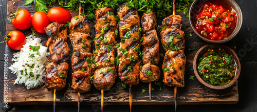 Turkish cuisine, kebab encompasses a variety of grilled or skewered meats, such as lamb, beef, or chicken, seasoned with spices like sumac, paprika, and cumin