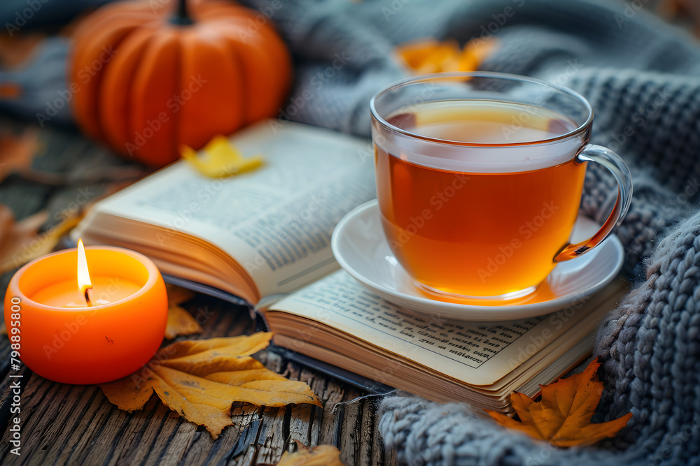 Cozy warm autumn composition with cup of hot tea, burning candle, open book and pumpkins on wooden background, autumn home decor, fall mood, thanksgiving, halloween Cozy warm autumn composition with cup of hot tea, burning candle, open book and pumpkins on wooden background, autumn home decor, fall mood, thanksgiving, halloween