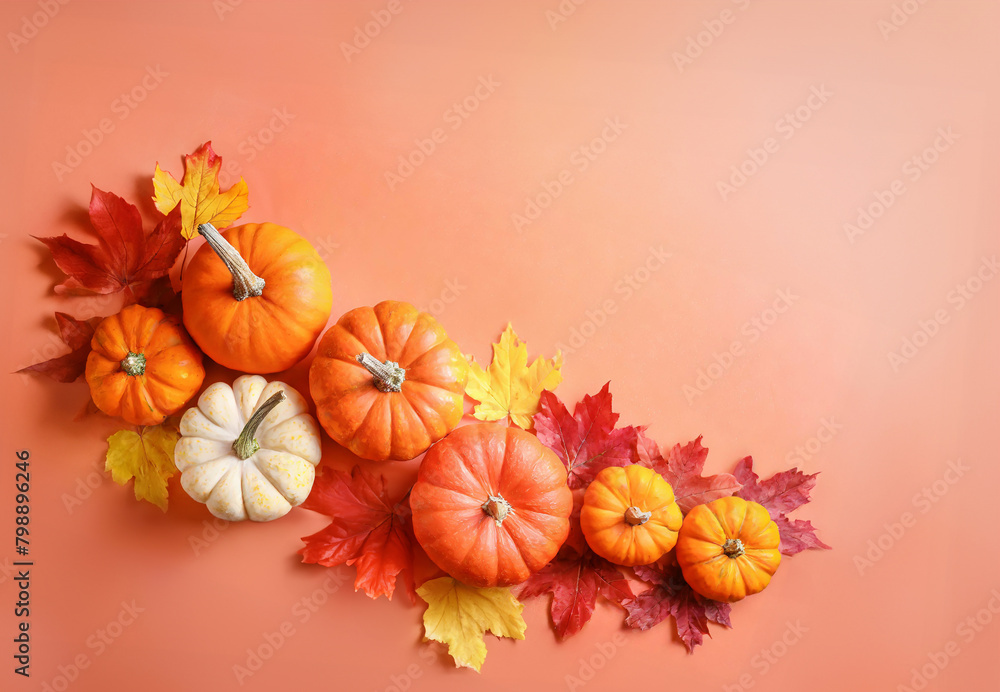 Autumn background with empty space for text. Pumpkin and colorful leaves decorated on coral background. Top view. Studio shooting. Generative AI. Autumn background with empty space for text. Pumpkin and colorful leaves decorated on coral background. Top view. Studio shooting. Generative AI.