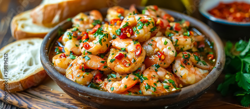 Gambas al ajillo  or garlic shrimp  is a Spanish dish featuring shrimp in olive oil with garlic  chili peppers  and sometimes white wine or sherry