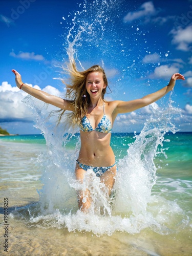 A woman in a bikini is splashing in the ocean
