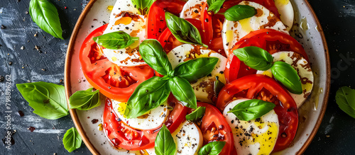 Caprese salad is a simple Italian salad made with sliced tomatoes, fresh mozzarella cheese, basil leaves, olive oil, and balsamic vinegar photo