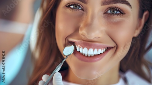 Smiling Woman Receiving Dental Checkup. Closeup of Cheerful Patient at Dentist. Oral Care and Hygiene Concept. Bright Smile of Healthy Teeth. Modern Dentistry. AI