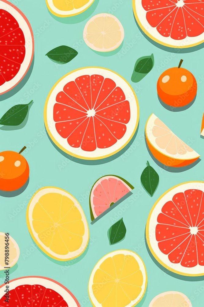 Illustrate a seamless pattern with geometrically shaped fruits, like triangular slices of watermelon and circular oranges, in a modern style