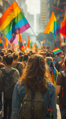 Digital photograph capturing the back view of a joyful crowd at an LGBT parade, adorned with flags, in a monochromatic color scheme that adds a harmonious and detailed visual appeal to the festive 