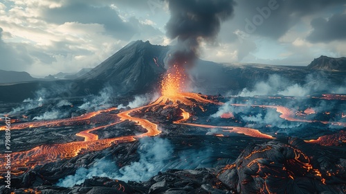 A wide angle photo of an active volcano, lava flowing down the side of mountain with smoke rising from its top and smoke coming out from between rocks in black sand on floor of valley. Generative AI.