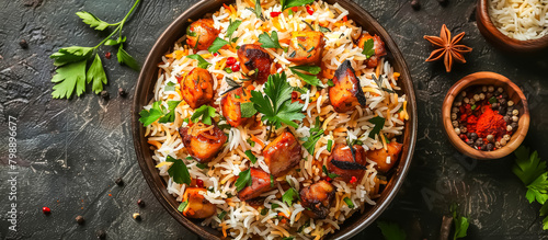 Biryani is a fragrant Indian rice dish made with basmati rice cooked with marinated meat such as chicken, lamb, or goat, aromatic spices, saffron, and sometimes vegetables or dried fruits