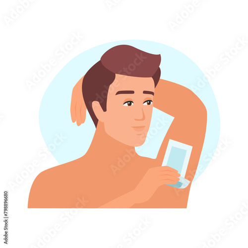 Young man removing hair from armpit using wax strip, beauty procedure vector illustration