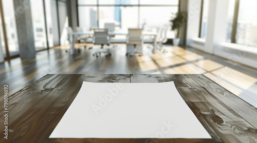 a4 piece of blank paper on a table in modern office , photo taken from above, office out is out of focus in the backgeround  photo