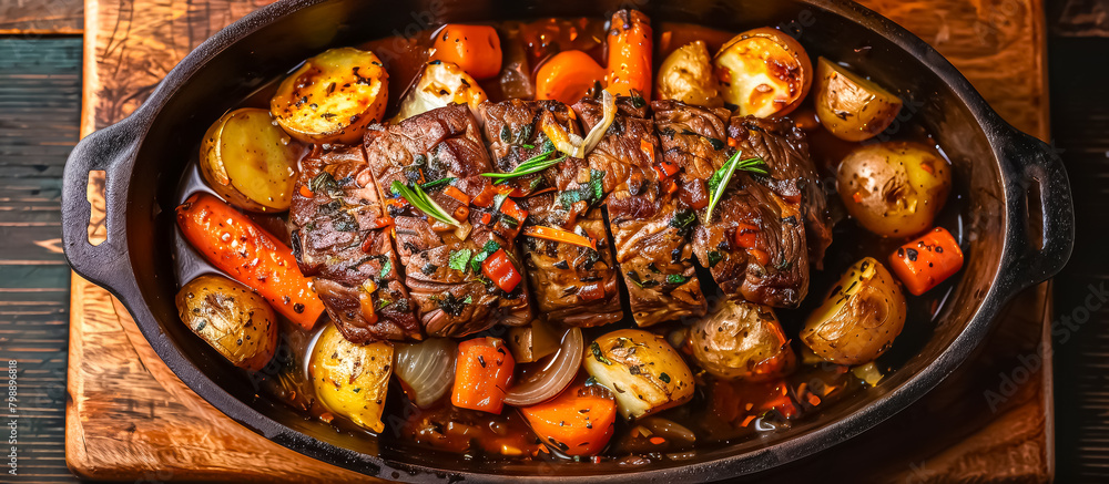 A hearty and comforting American meal, pot roast consists of a large cut of beef (usually chuck roast) slow-cooked with vegetables such as carrots, potatoes, and onions in a savory broth