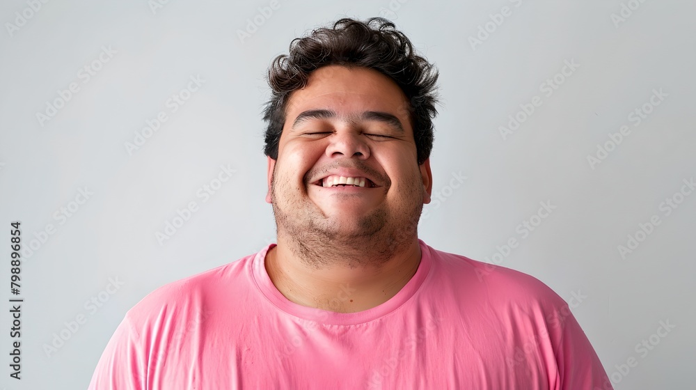 Joyful Man Laughing in Pink Shirt, Studio Portrait. Positive Emotion, Genuine Happiness. Casual Everyday Look. Lifestyle Image. AI Joyful Man Laughing in Pink Shirt, Studio Portrait. Positive Emotion, Genuine Happiness. Casual Everyday Look. Lifestyle Image. AI