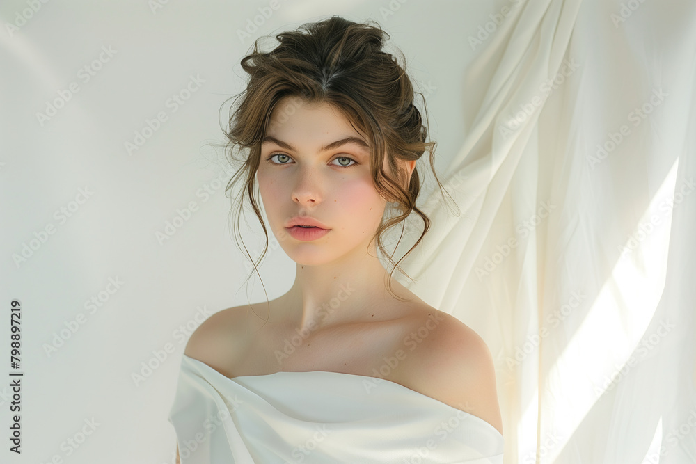 Elegant Woman with Soft Gaze and White Drapery Elegant Woman with Soft Gaze and White Drapery