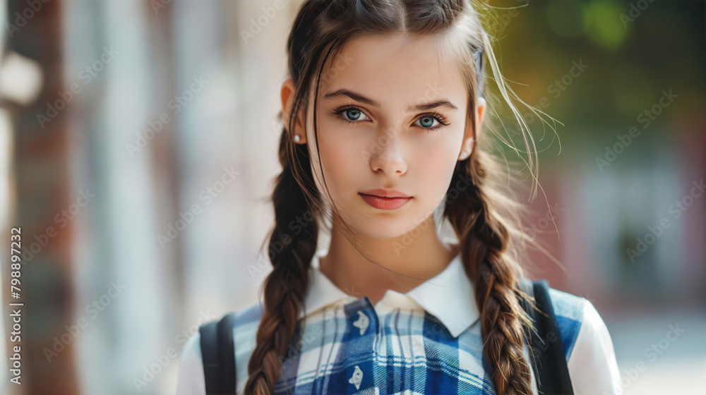 Close-up portrait of a young schoolgirl with expressive eyes, wearing a checkered dress and backpack, standing outdoors with a blurred background, capturing the essence of youth and education Close-up portrait of a young schoolgirl with expressive eyes, wearing a checkered dress and backpack, standing outdoors with a blurred background, capturing the essence of youth and education