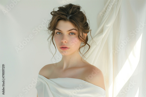 Elegant Woman with Soft Gaze and White Drapery