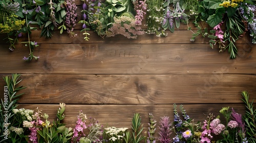 Top view of vibrant spring flowers bordering a rustic wooden background. Ideal for nature themes and floral designs. Perfect stock photo for creatives. AI