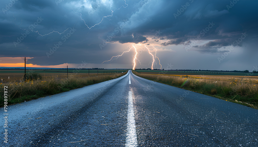 asphalt road through fields going beyond horizon in sky in distance there is thunderstorm with lightning asphalt road through fields going beyond horizon in sky in distance there is thunderstorm with lightning