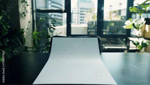 a4 piece of blank paper on a table in modern office , photo taken from above, office out is out of focus in the backgeround  photo