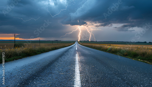 asphalt road through fields going beyond horizon in sky in distance there is thunderstorm with lightning