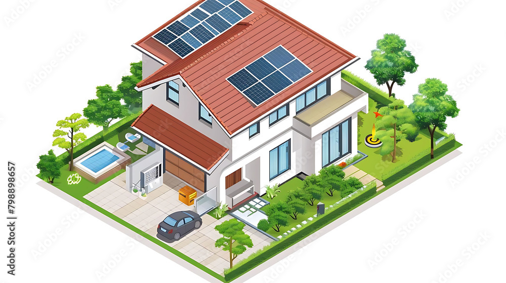 smart grid system of a house surrounded by green trees and a blue sky, with a black and blue car pa smart grid system of a house surrounded by green trees and a blue sky, with a black and blue car pa