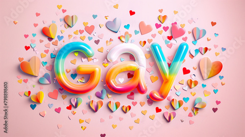 "Gay" written in stylish typography, adorned with subtle rainbow heart accents, elegantly combining modern design with a touch of pride symbolism. 