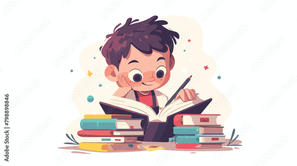 Happy smiling boy sitting with open book in hands a