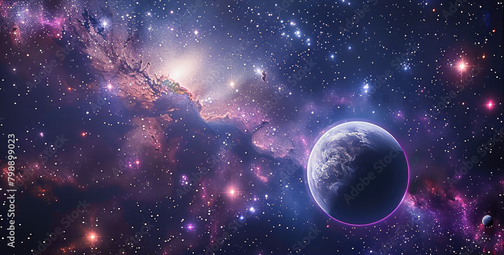In space view of an alien galaxy with a lot of stars, planets, and a purple moon. Generative AI. In space view of an alien galaxy with a lot of stars, planets, and a purple moon. Generative AI.