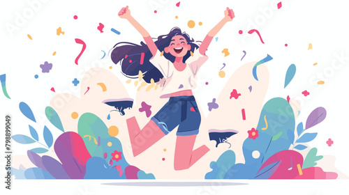Happy smiling woman jumping from joy and success. Y