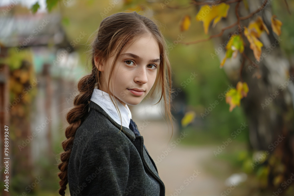 Tranquil and serene outdoor portrait of a young autumn girl with braided hair and a soft smile, enjoying the peacefulness of the fall foliage and natural light in a tranquil autumnal setting Tranquil and serene outdoor portrait of a young autumn girl with braided hair and a soft smile, enjoying the peacefulness of the fall foliage and natural light in a tranquil autumnal setting