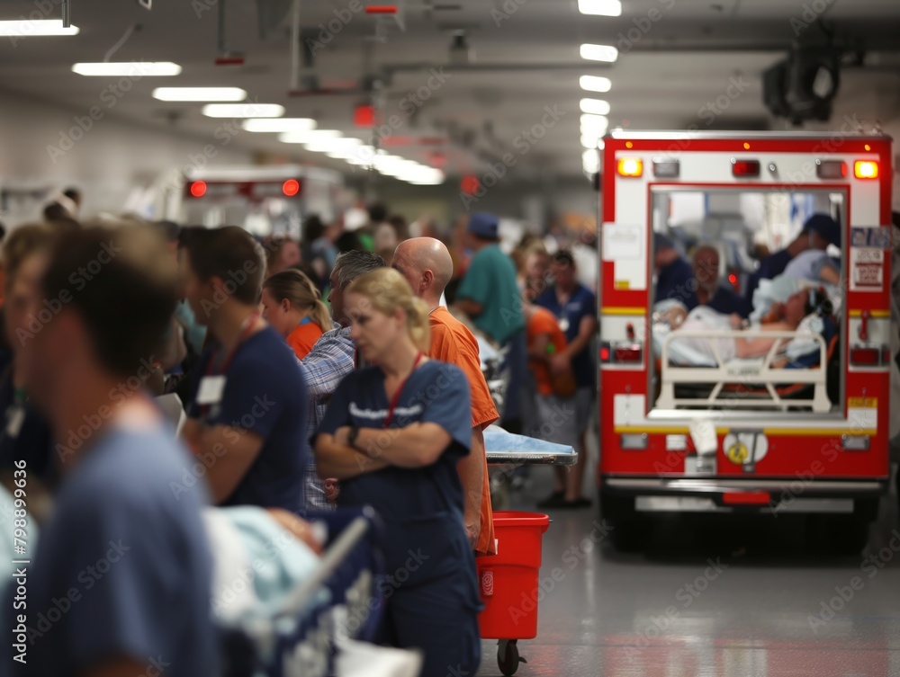 A group of people are standing in a hallway, some of them are wearing scrubs. A red ambulance is parked in the hallway, with a man in an orange jumpsuit standing next to it