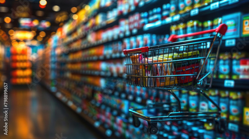 Electric blue shopping cart at city convenience store