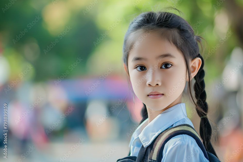 Portrait of a young girl with pigtails wearing a school uniform and ...