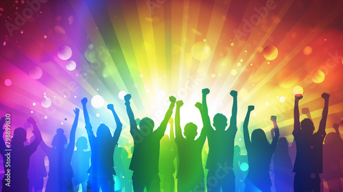Inspirational quote "The beauty of standing up for your rights is others will see you standing and stand up as well" presented in a vibrant rainbowcore style, celebrating activism and solidarity. 