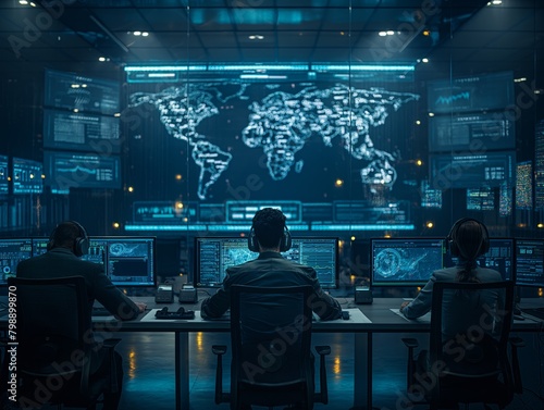Three people are sitting at computer monitors in a room with a large map on the wall. The room is dimly lit and the people are wearing headphones. Scene is serious and focused