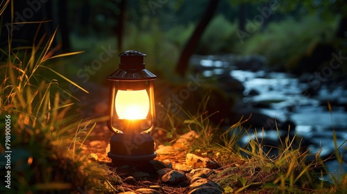 Place a camping light on the ground in the grass. Generative AI. © visoot