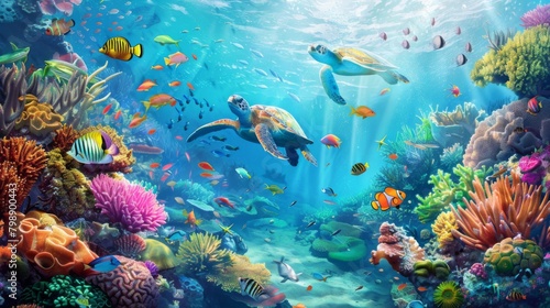 A colorful coral reef bustling with tropical fish  sea turtles  and other marine creatures in an underwater paradise.