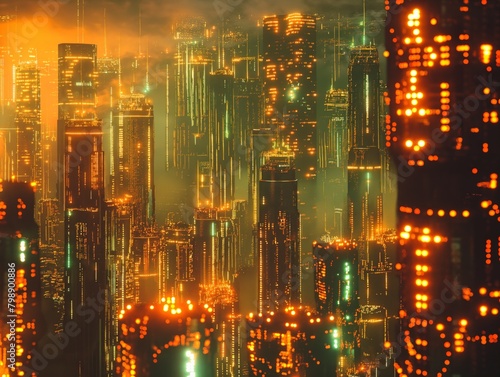 A cityscape with tall buildings lit up in neon colors. Scene is futuristic and vibrant