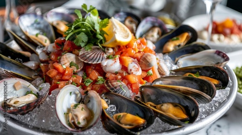 A colorful seafood platter featuring a variety of cooked and raw clams, mussels, and scallops, served on ice.