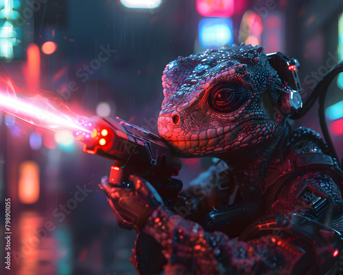 A lizard is shooting a laser gun in the rain. The lizard is wearing a black leather jacket and has a Mohawk. The background is a dark city street with neon lights.