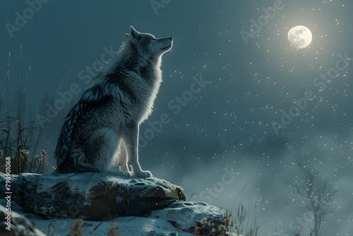 A majestic gray wolf howls at the moon.