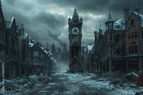 A lone broken clock tower its hands frozen in time overlooking a deserted city street photo