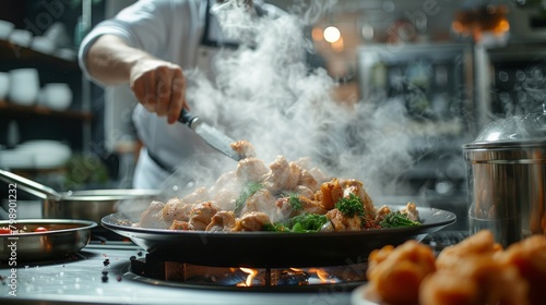 A chef cooking a gourmet meal using premium frozen chicken products in a restaurant kitchen, demonstrating the culinary potential of high-quality poultry ingredients.